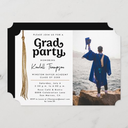 Modern Black White Gold tassel Grad Party photo Invitation