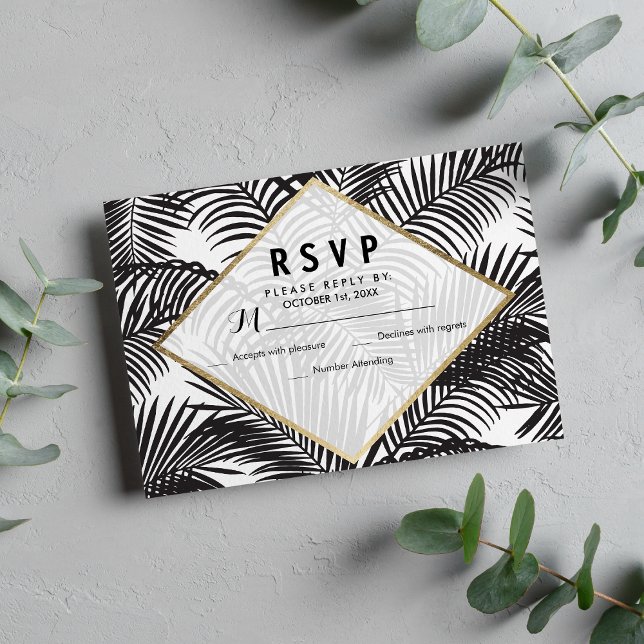 Modern black white gold tropical floral RSVP cards (Modern black white gold tropical floral RSVP)