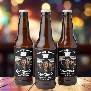 Modern Black White Graduate Photo Graduation Party Beer Bottle Label