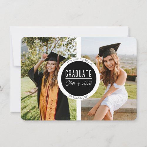 Modern Black  White Graduate Two Photo Note Card