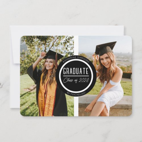 Modern Black  White Graduate Two Photo Note Card