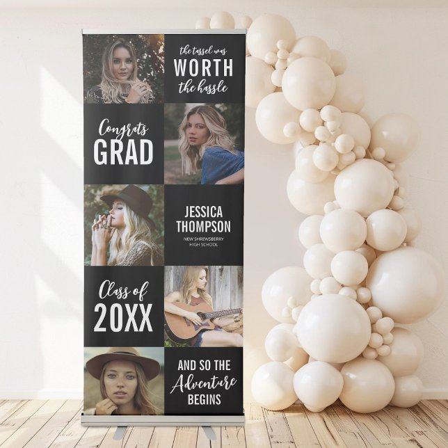 Modern Black White Graduation 5 Photo Collage Retractable Banner (Creator Uploaded)