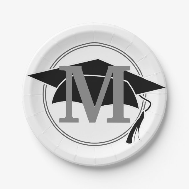 Modern Black White Graduation Cap Monogram Initial Paper Plates (Front)