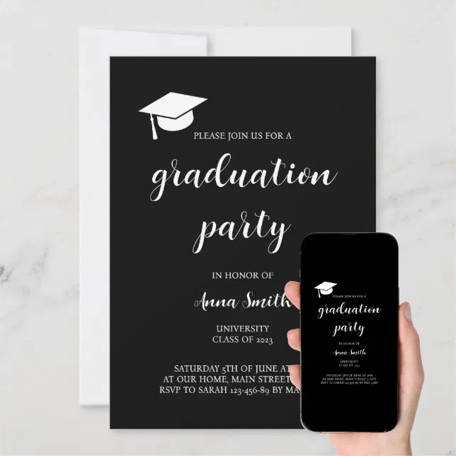 Modern Black White Graduation Party Invitation | Zazzle