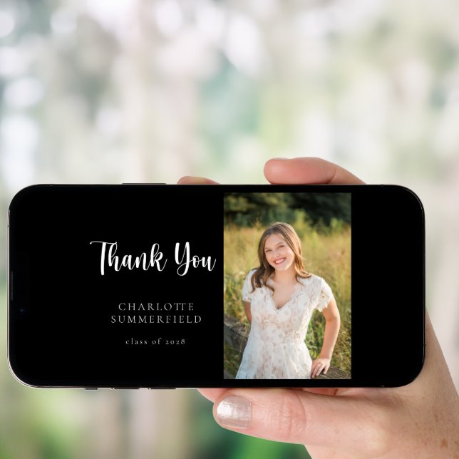 Modern Black White Graduation Photo Thank You Invitation (Front Digital)