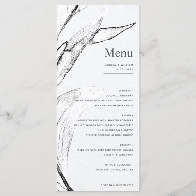 Modern Black & White Graphic Leaf graphic Wedding Menu (Front)