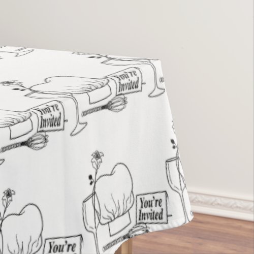 Modern Black White Graphic Youre Invited Pattern Tablecloth