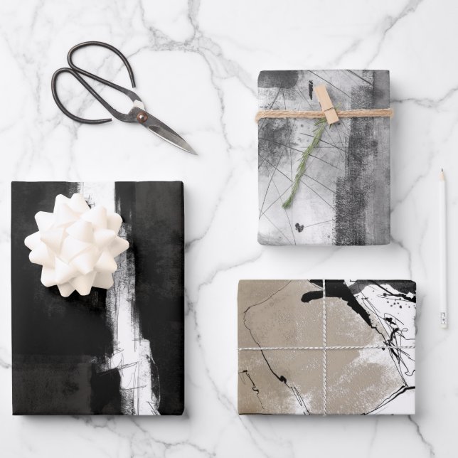 Modern Black White Gray rustic abstract Wrapping Paper Sheets (Front)
