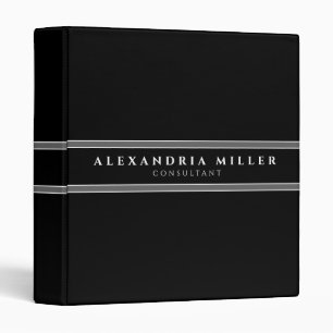 Modern Black & White Gray Stripe Name & Title 3 Ring Binder