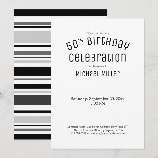 Modern Black White Gray Stripes 50th Birthday Invitation (Front/Back)