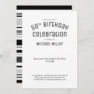 Modern Black White Gray Stripes 50th Birthday Invitation