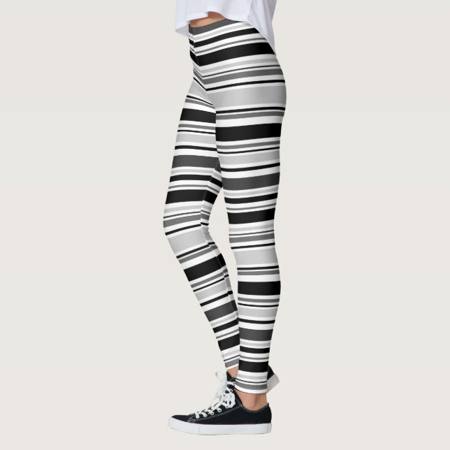 Modern Black White Gray Stripes Pattern Leggings (Left)