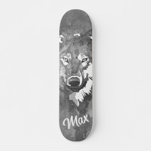 Modern black white gray watercolor wolf skateboard