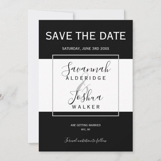 Modern Black, White, Gray Wedding Save the Date Invitation (Front)