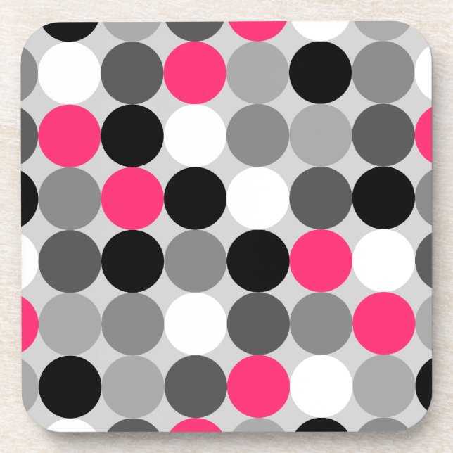 Modern Black White Grey Pink Geometric Polka Dots Beverage Coaster (Front)
