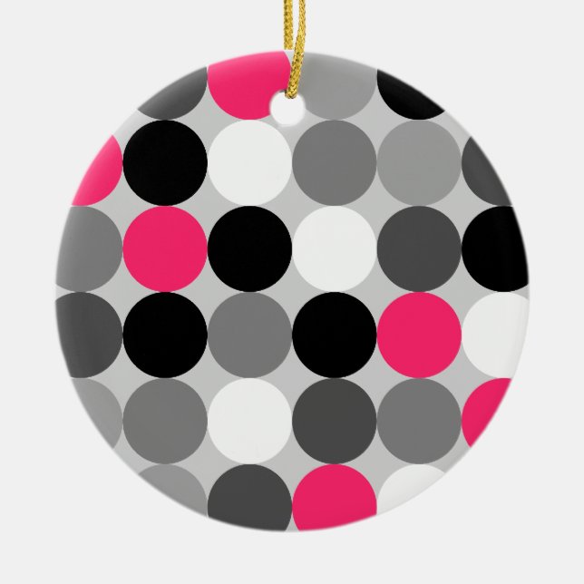 Modern Black White Grey Pink Geometric Polka Dots Ceramic Ornament (Front)