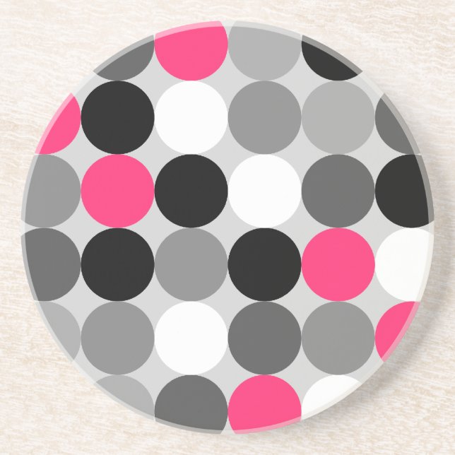 Modern Black White Grey Pink Geometric Polka Dots Drink Coaster (Front)