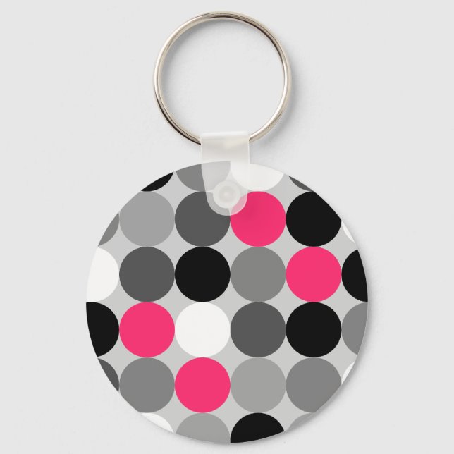 Modern Black White Grey Pink Geometric Polka Dots Keychain (Front)