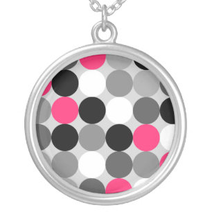 Modern Black White Grey Pink Geometric Polka Dots Silver Plated Necklace