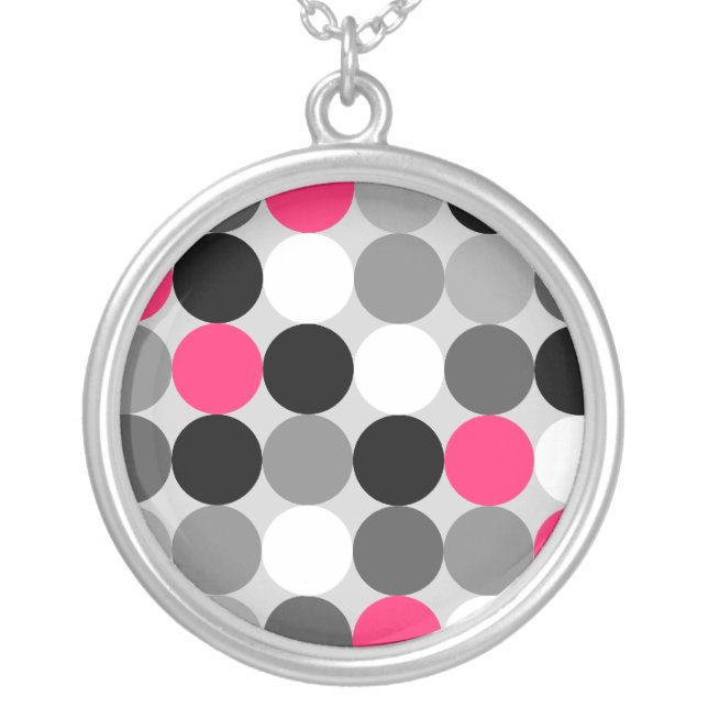 Modern Black White Grey Pink Geometric Polka Dots Silver Plated Necklace (Front)