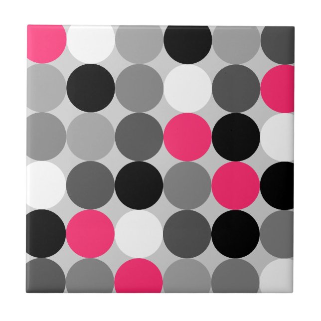Modern Black White Grey Pink Geometric Polka Dots Tile (Front)