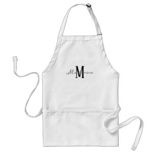 Modern Black White Grey Script Monogrammed Name Adult Apron