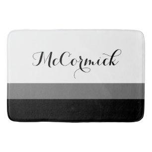 Modern Black White Grey Striped Monogram Script Bath Mat