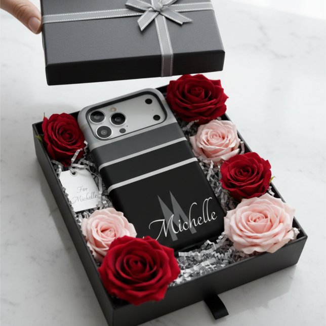 Modern Black White Grey Stripes Custom Monogram Case-Mate iPhone Case (Creator Uploaded)