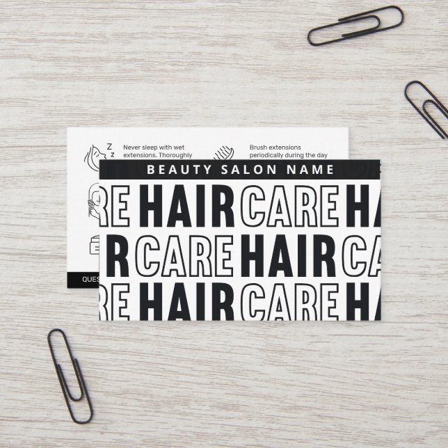 Modern Black White Hair Extensions After Care Card (Front/Back In Situ)