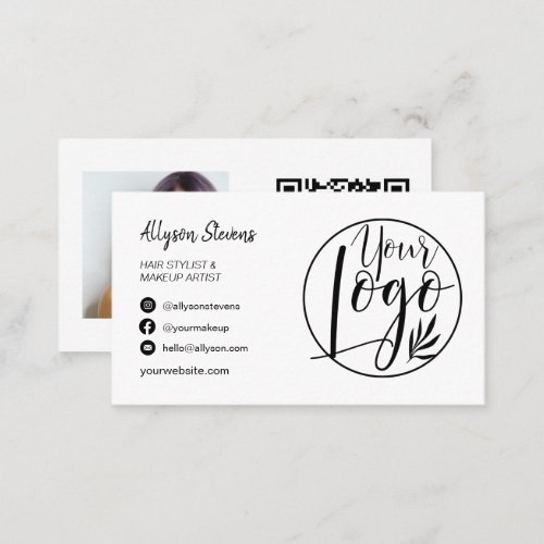 Modern black white hair makeup photo logo qr code business card