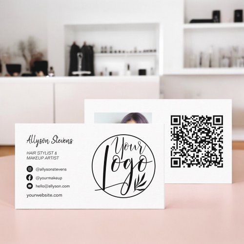 Modern black white hair makeup photo logo qr code business card