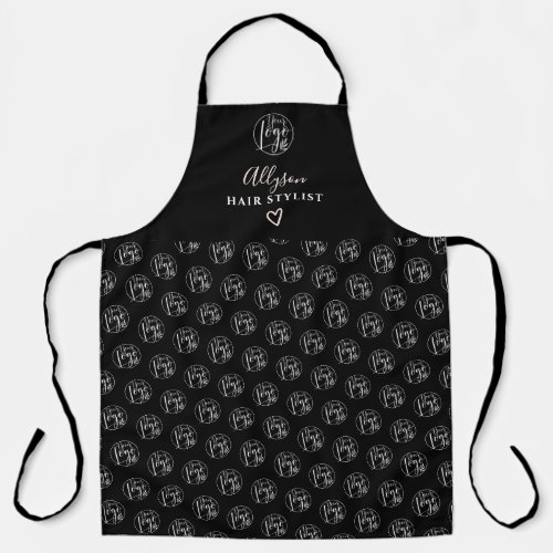 Modern black white hair stylist logo pattern brand apron