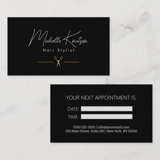 Modern black white Hairstylist Appointment Card (Front/Back)