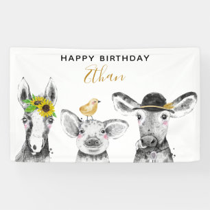 Modern Black & White Hand Drawn Barnyard Birthday Banner