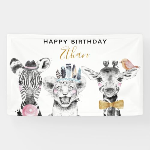 Modern Black  White Hand Drawn Safari Birthday Banner