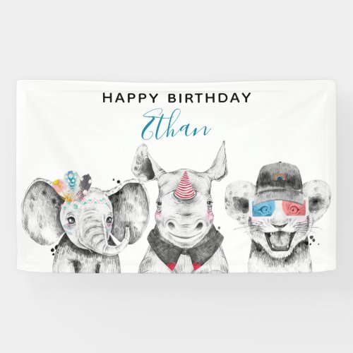 Modern Black  White Hand Drawn Safari Birthday Banner