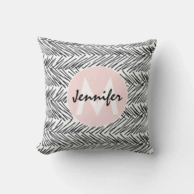 Modern Black & White Hand Drawn Zigzag Monogram Throw Pillow (Front)