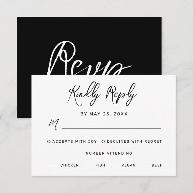 Modern Black White Hand Lettered Meals Wedding RSVP Card (Front/Back)