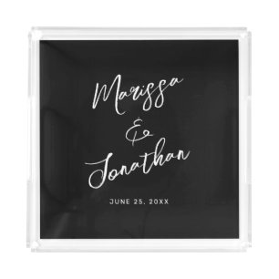 Modern Black White Hand Lettered Script Wedding Acrylic Tray