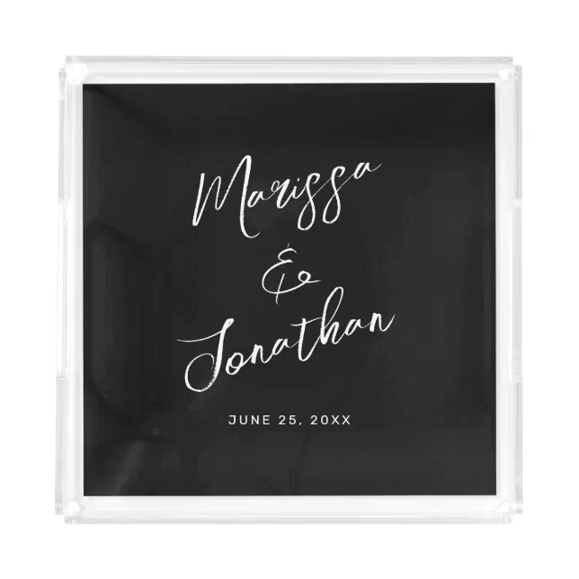 Modern Black White Hand Lettered Script Wedding Acrylic Tray | Zazzle