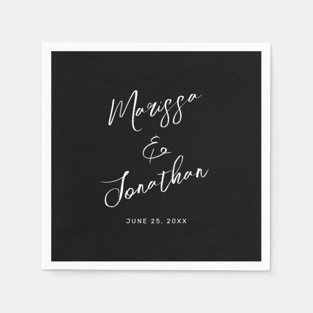 Modern Black White Hand Lettered Script Wedding Napkins (Front)