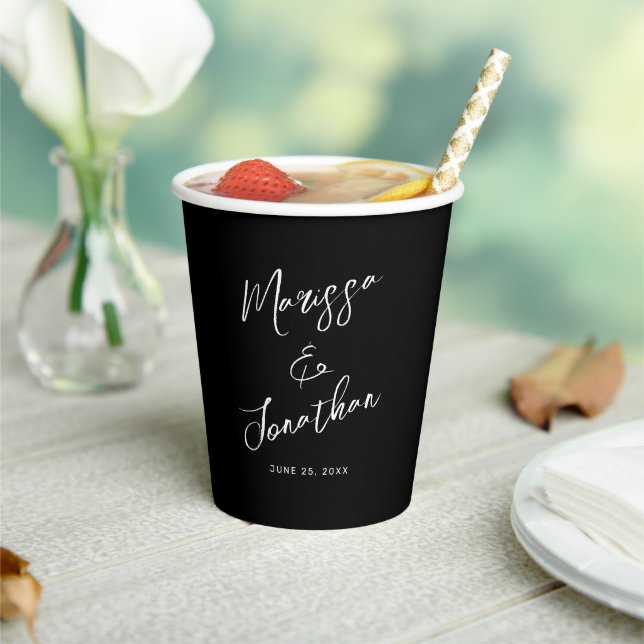 Modern Black White Hand Lettered Script Wedding Paper Cups (Insitu)