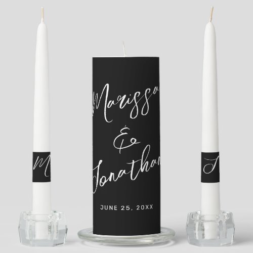 Modern Black White Hand Lettered Script Wedding Unity Candle Set