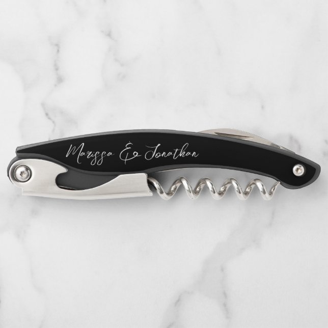 Modern Black White Hand Lettered Script Wedding Waiter's Corkscrew (Front)