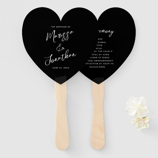 Modern Black White Hand Lettered Wedding Program Fan (Front and Back)