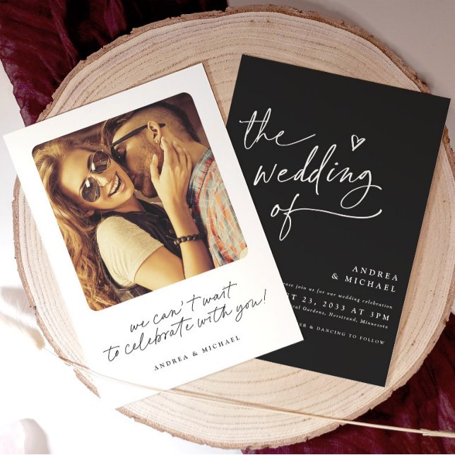 Modern Black & White Handwriting Heart Wedding Invitation (Modern trendy black and white wedding invitation black with white text and photo on the back.)