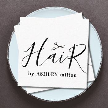 Modern Black White Handwritten Hair Stylist Square Business Card by pro_business_card at Zazzle