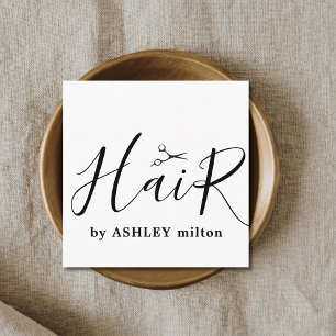 Modern Black White Handwritten Hair Stylist Square Business Card