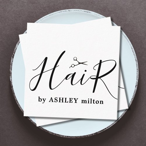 Modern Black White Handwritten Hair Stylist Square Business Card