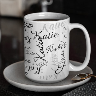 Modern black white handwritten names mug